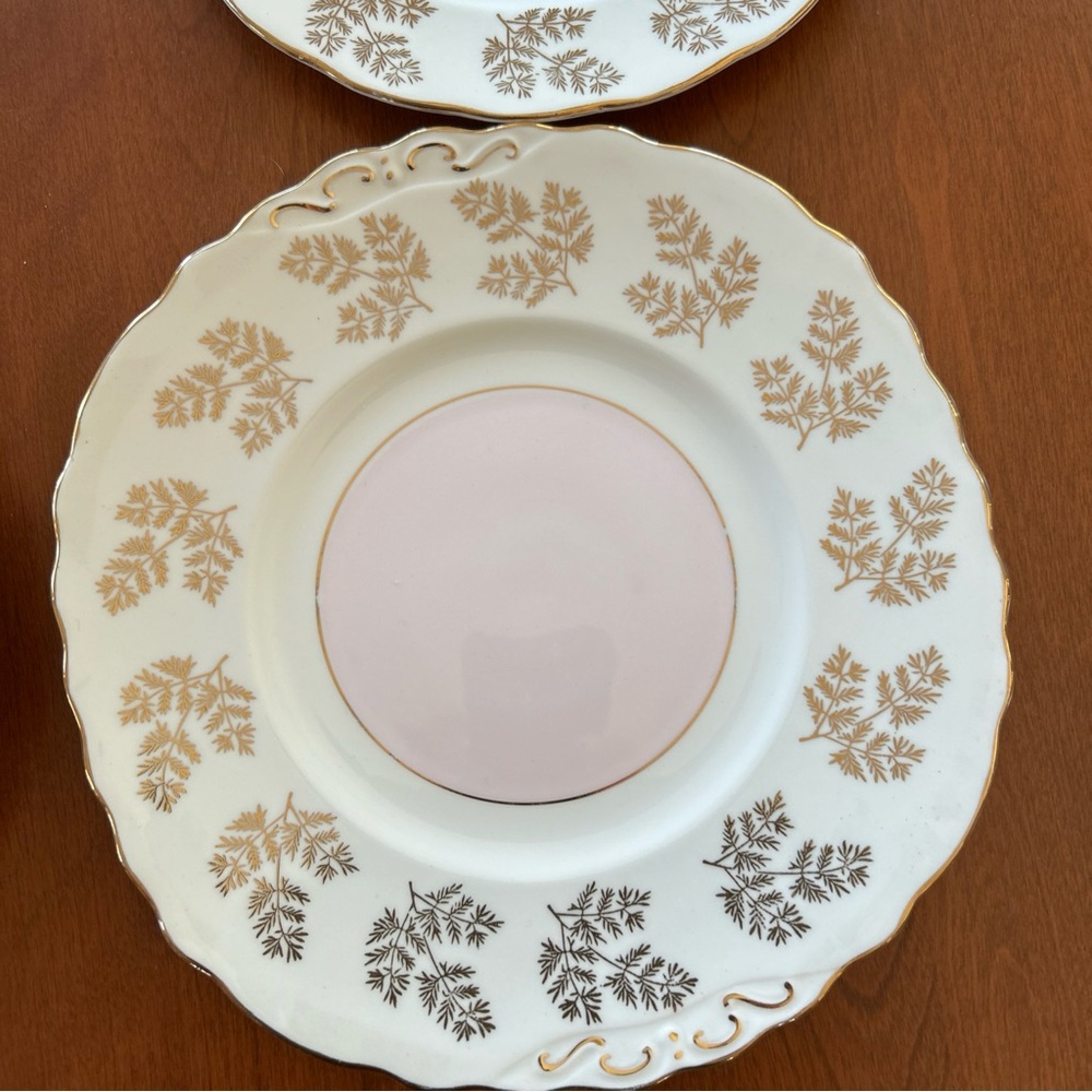 VNTG COLCLOUGH GOLD FERN CHINA CAKE PLATE AND 5 DESSERT PLATES WITH BOWL